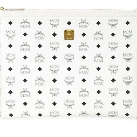 MCM Large Monogram Clutch, White with brass - Picture 1 of 12